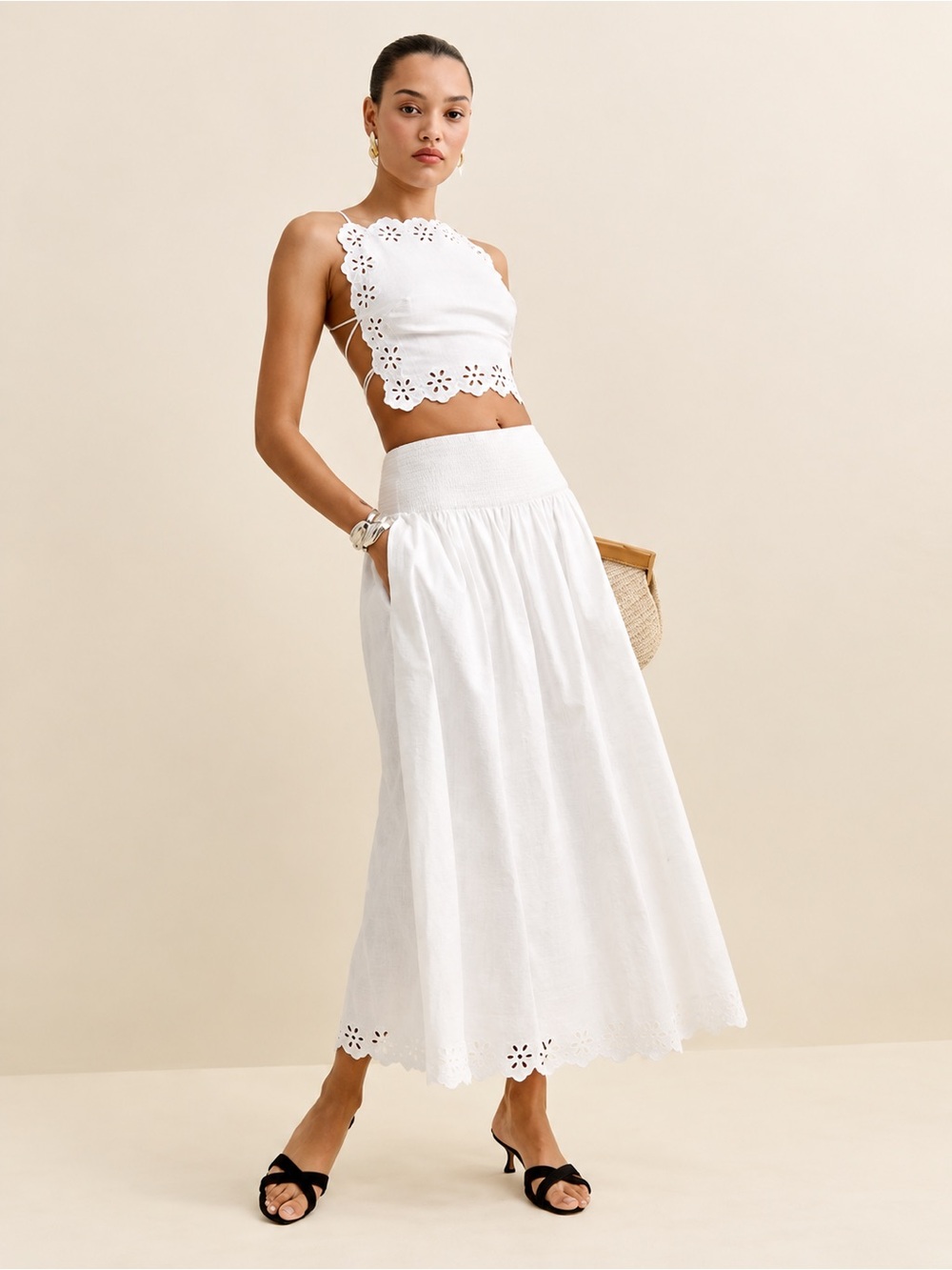NWT REFORMATION Cordelia Two Piece White Lace-Trim Sleeveless Skirt & Top Set